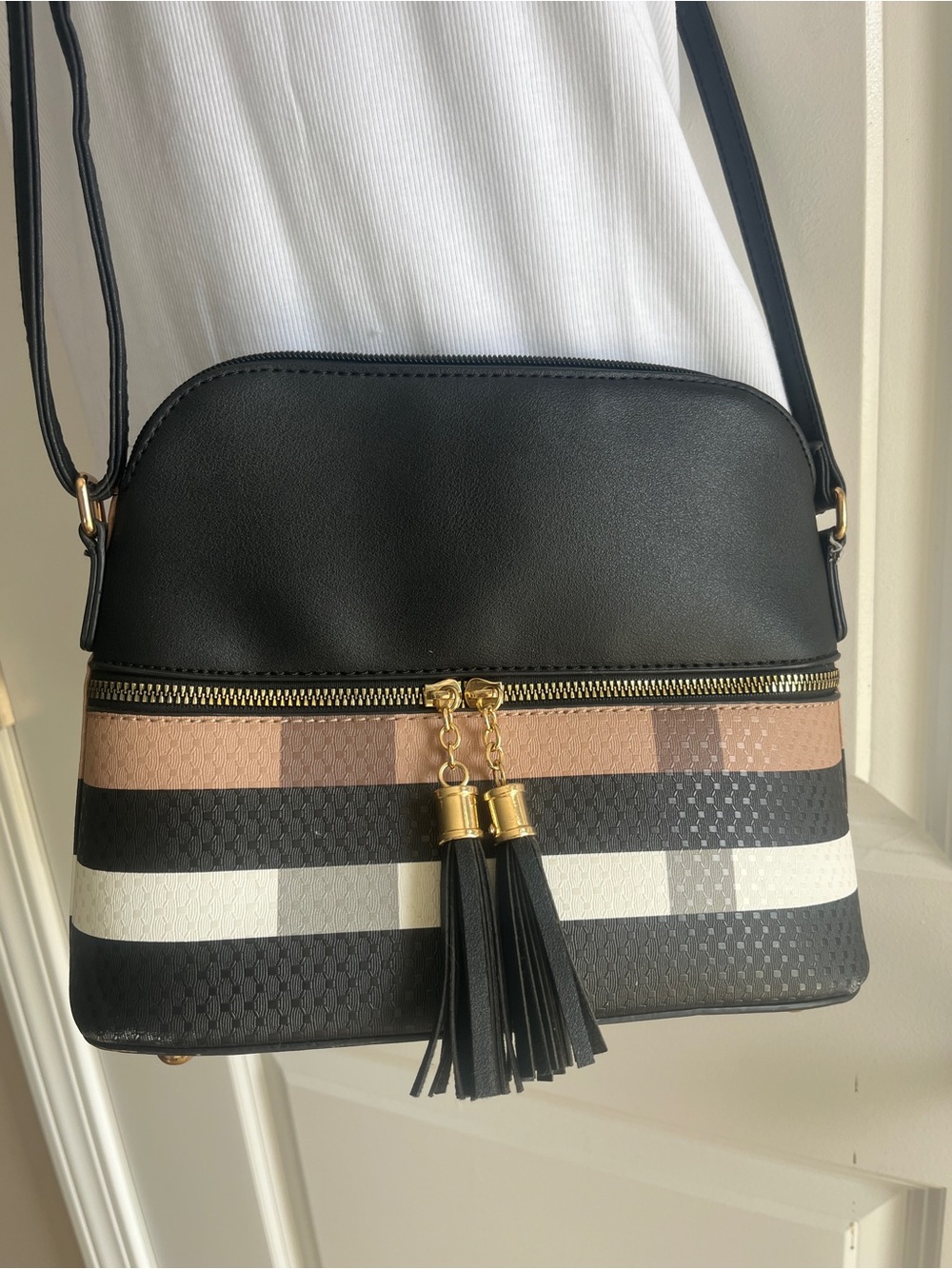 Classic Black Crossbody Bag with Neutral Stripes